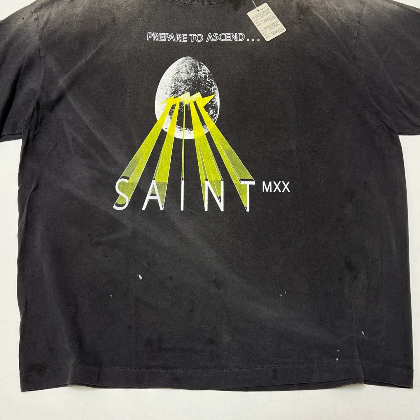 SAINT Mxxxxxx EGG SS TEE/BLK Broken egg shell/SAINT LOGO projection distressed retro short-sleeves Washed black S-XL Correct version Customized co-branded main mark/washed mark/cherub mark Tubular fabric Garment dyeing Rewashing water fading Destroying graffiti Simulating natural distressed effect Top-notch printing technology Washing treatment